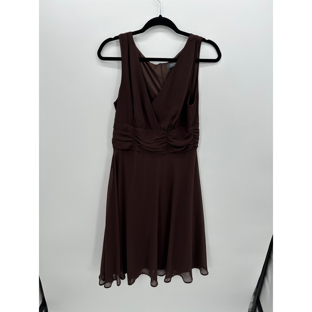 Chocolate‎ Brown Chiffon Ruched V-Neck Sleeveless Midi Dress Sz 12 Whimsigoth